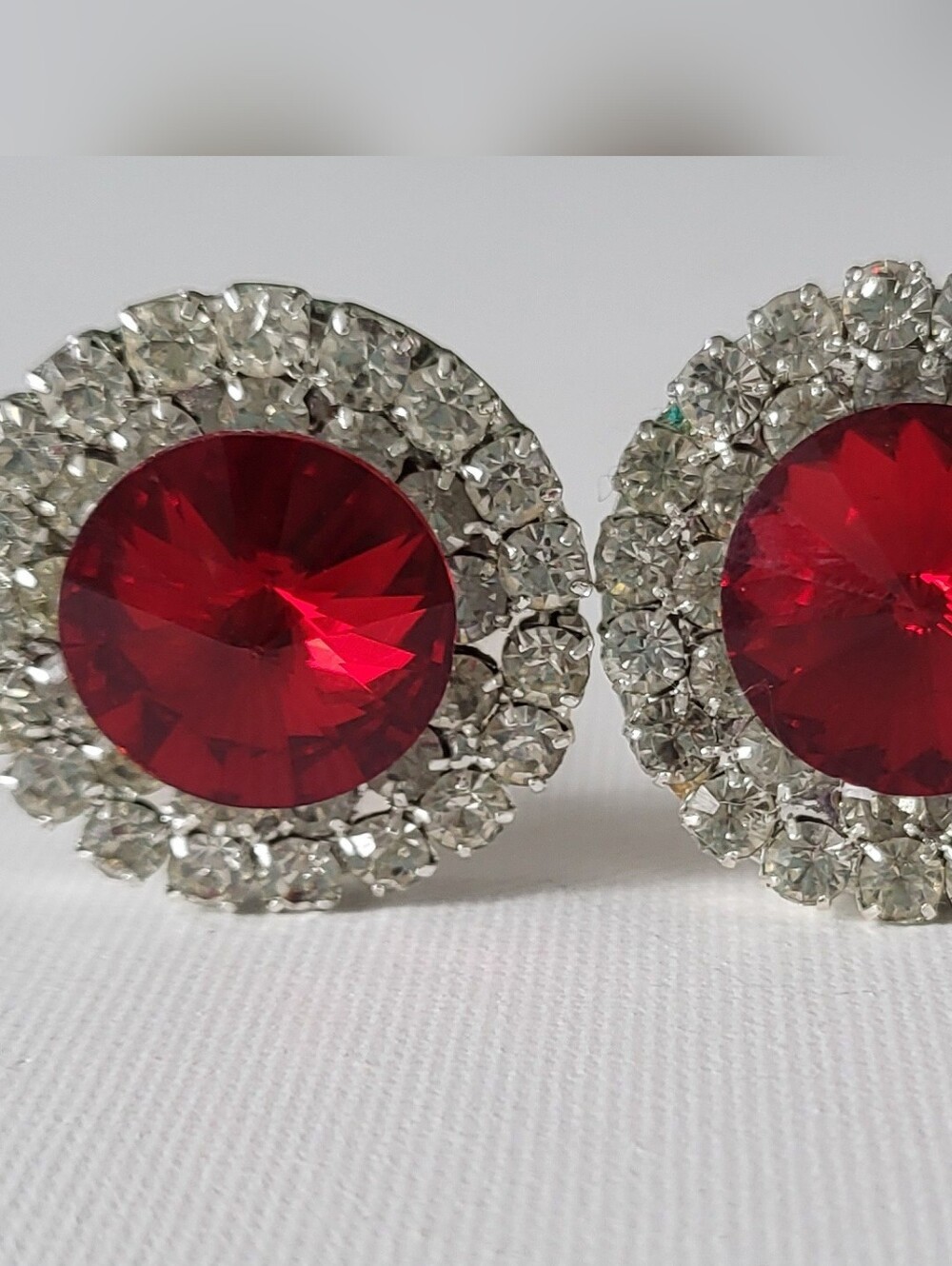 Vintage Rivoli Red Rhinestone Clip-on  Earrings - Unbranded